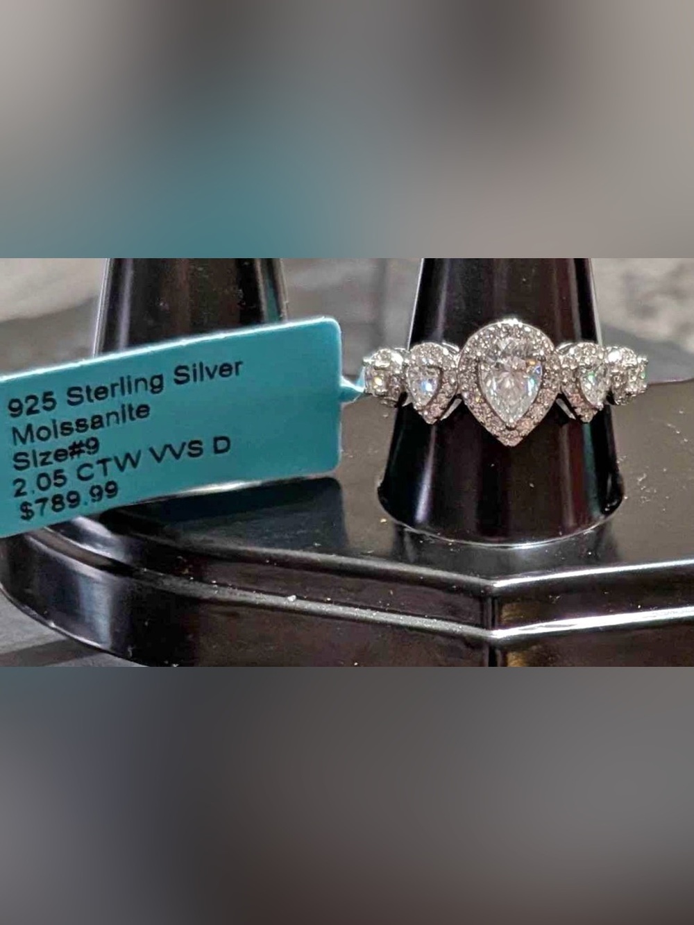 Sterling Silver Teardrop Halo Moissanite Ring - White